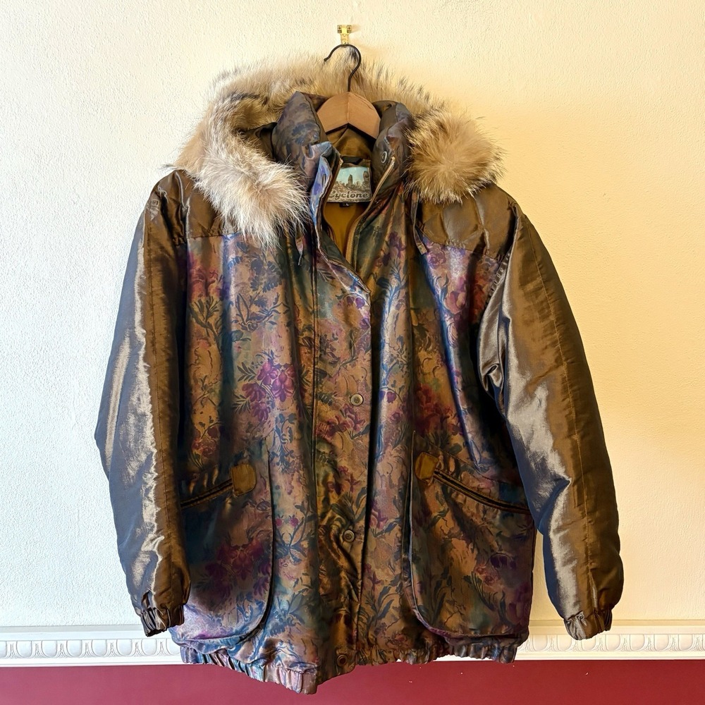 Vintage Cyclone iridescent down-insulated puffer jacket with fur-lined hood‎